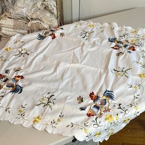Embroidered Rooster Tablecloth - White with Blue, Red & Yellow